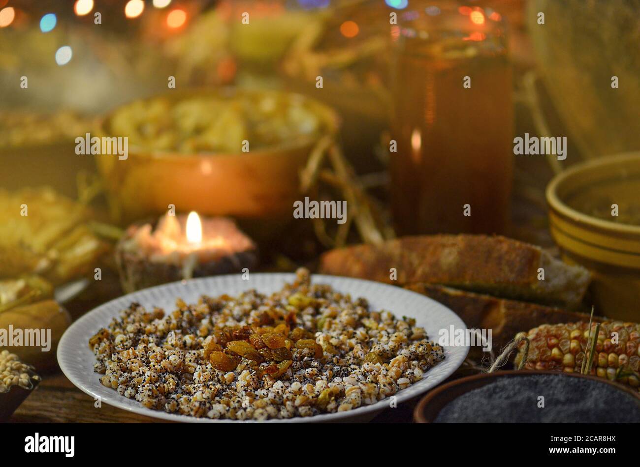 Compote uzvar drink from dried fruits and honey. Sweet wheat kutia with