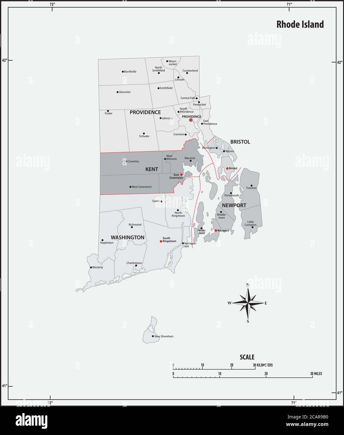 rhode island state outline administrative and political vector map in black and white Stock Vector