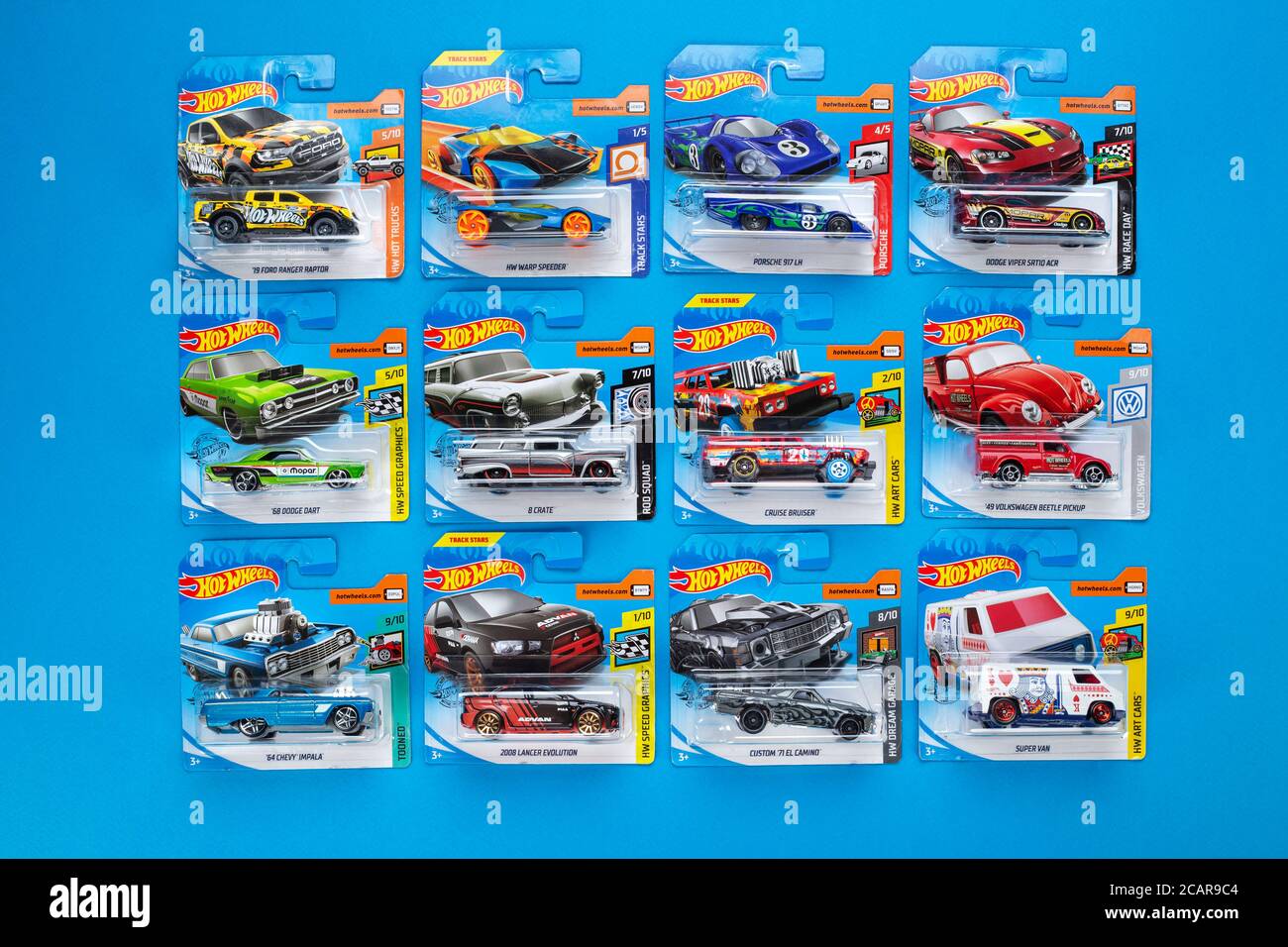Ukraine, Kyiv - February 28. 2020: The group of colorful toy car collection  on blue background. Hot Wheels. Top view Stock Photo - Alamy