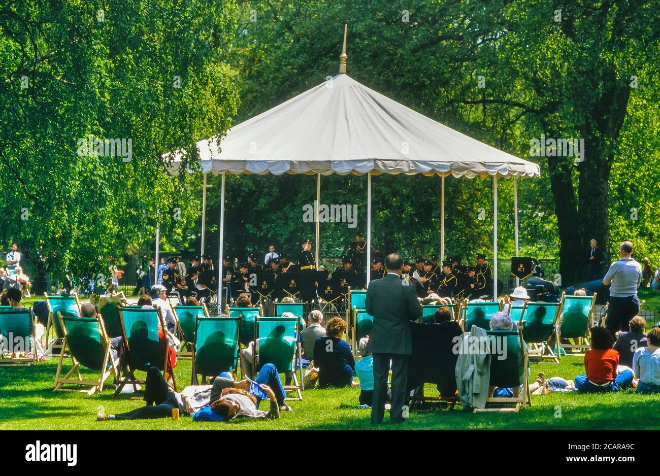 Royal Corps of Transport Concert Band playing at St Jame's Park bandstand, London, England, UK, Circa 1980's Stock Photo