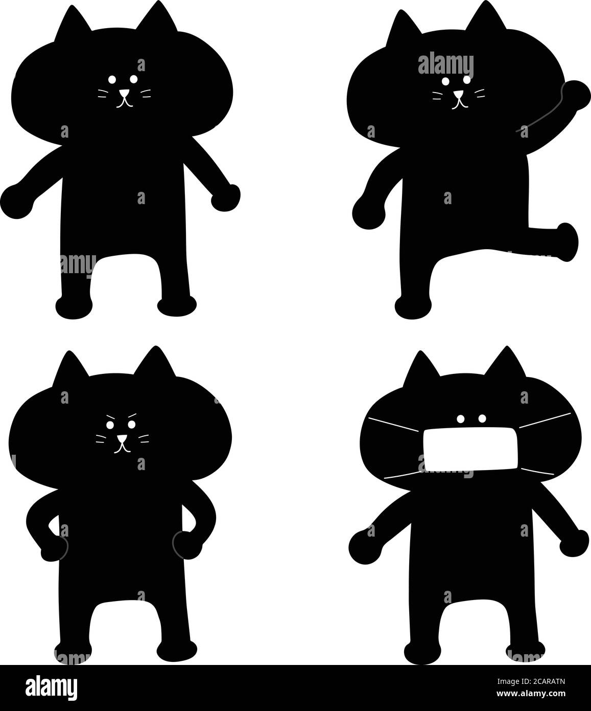 Black silhouette of cartoon cats. Vector illustration isolated on white background. Stock Vector