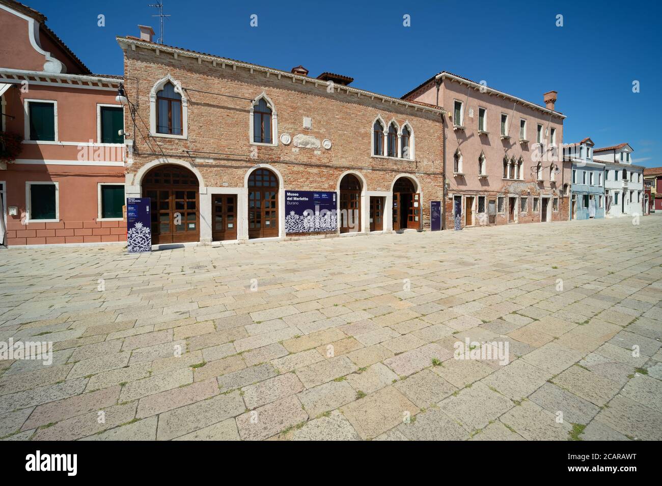 Burano island, Venetian Lagoon, Venice, Italy, teh MUseo del Merletto Lace museum front on a square in the town centre Stock Photo