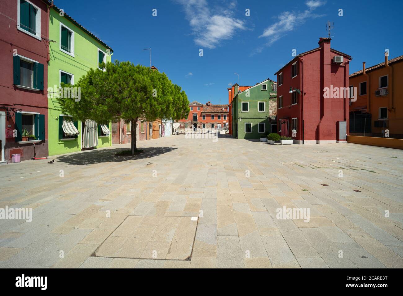 Burano island, Venetian Lagoon, Venice, Italy, panorama with the typical coloured homes  and a Stone Pine tree Stock Photo