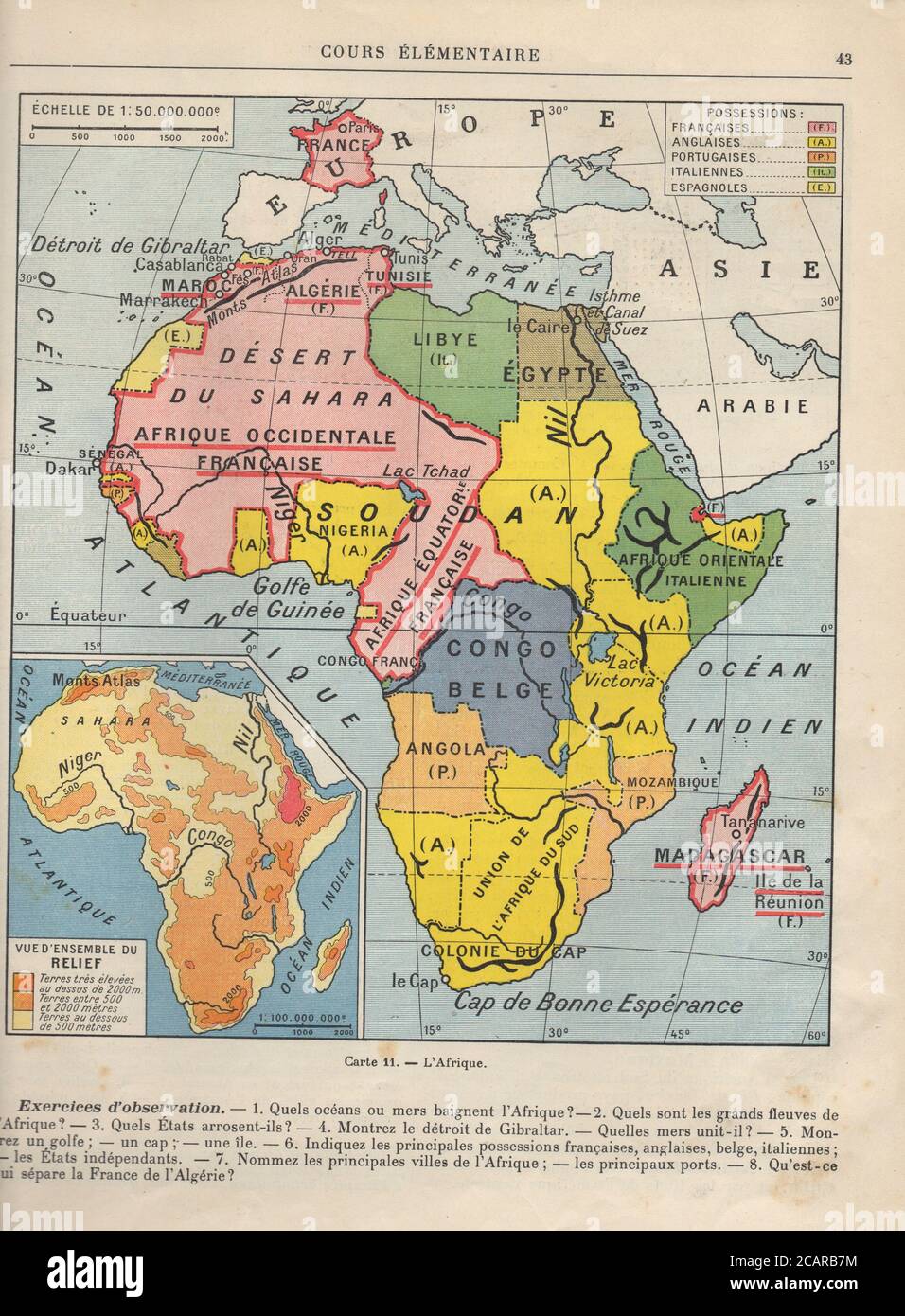 Page de manuel scolaire geographie : l afrique vers 1940 Stock Photo