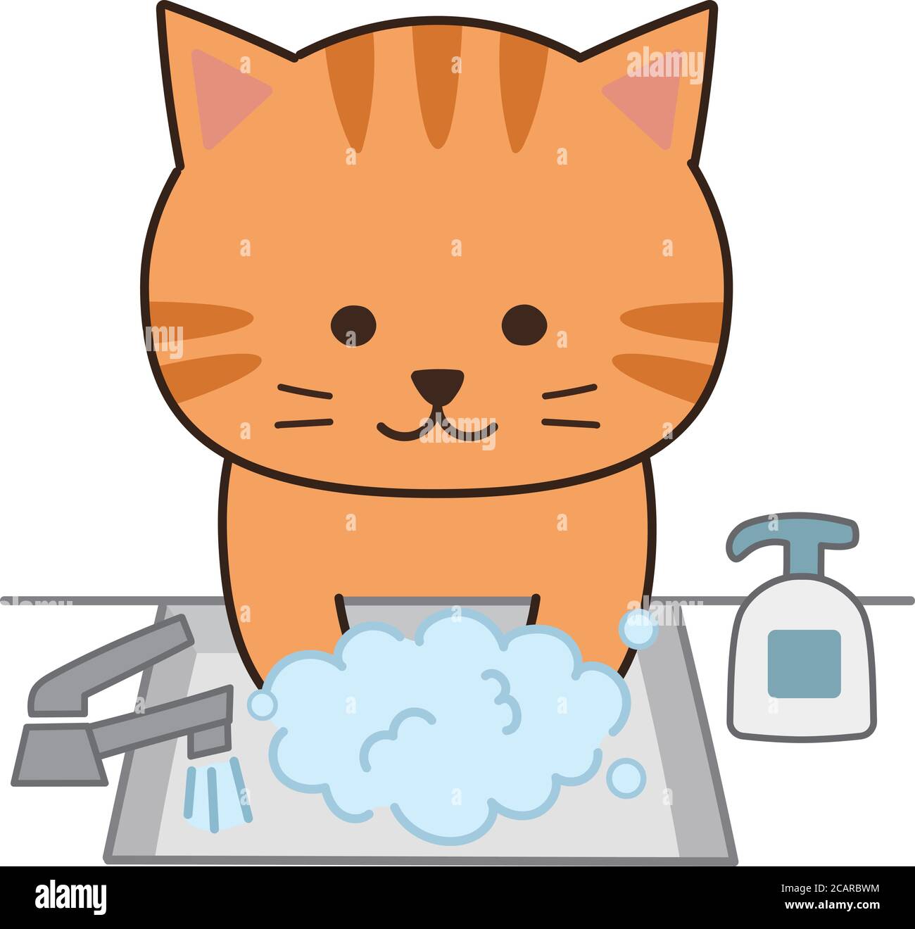Cat hands using wash hand sanitizer. Vector illustration isolated on