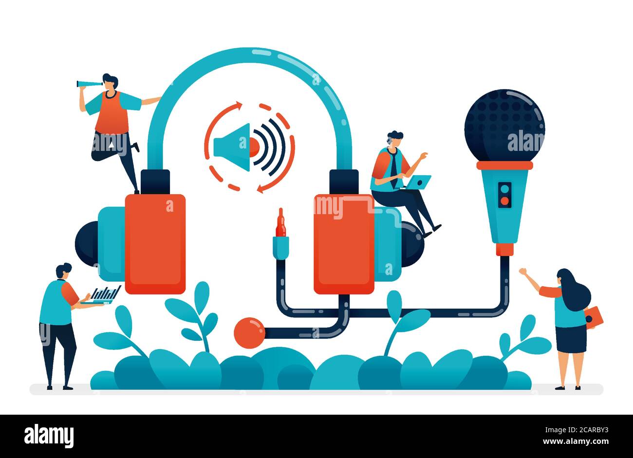 Headset and microphone for radio recording, multimedia production podcast, customer service and telemarketing, studio music equipment for broadcast. I Stock Vector