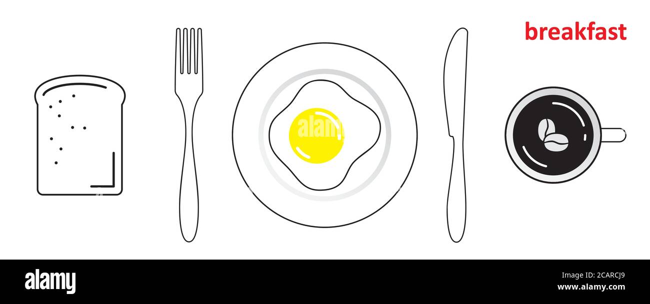 Breakfast. Fork, knife, Cup of coffee, bread, and scrambled eggs on a plate. Enjoy a delicious and hearty Breakfast. Stock Vector