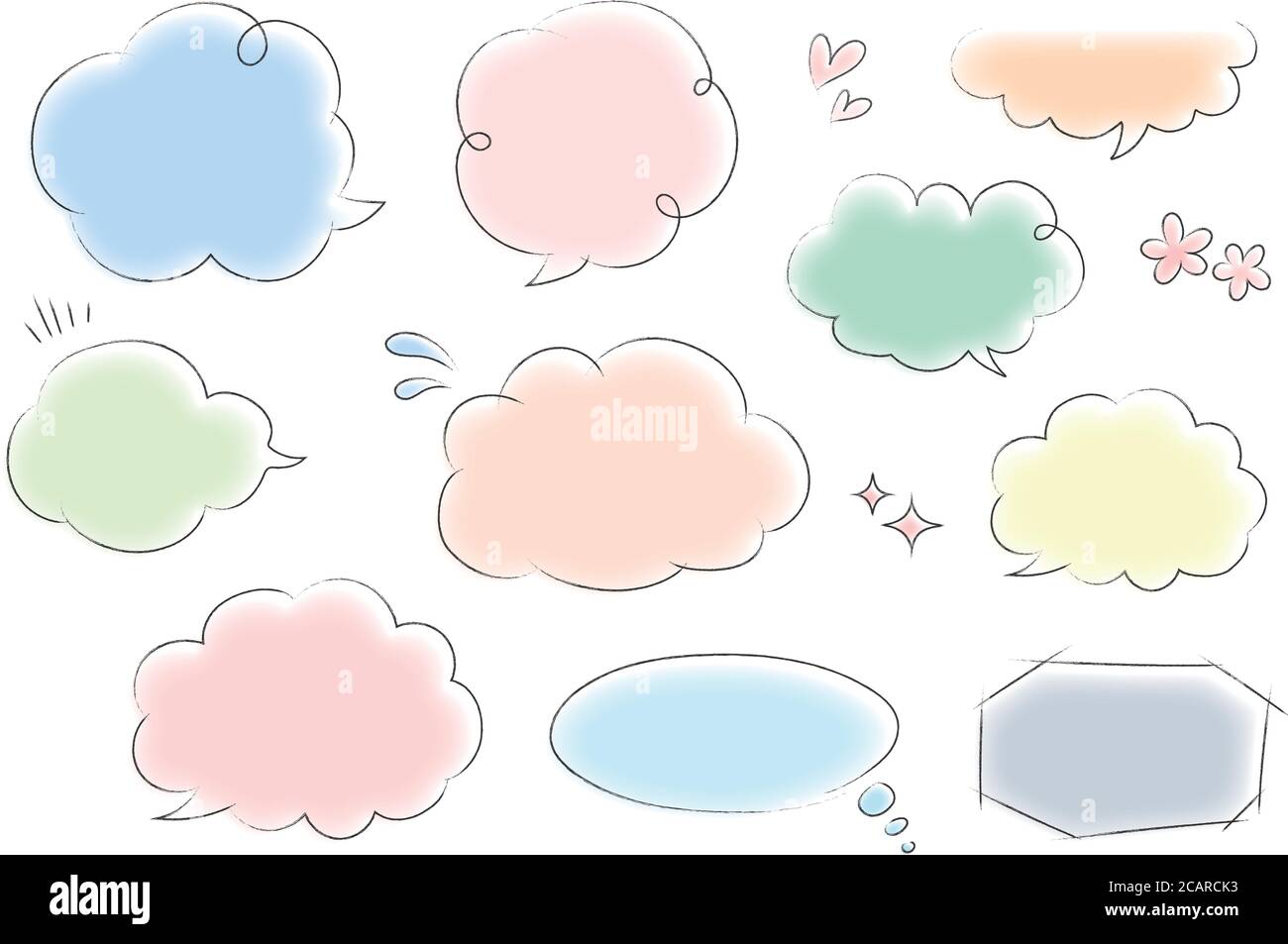 Hand drawn set of colorful speech bubbles. Vector illustration isolated on white background. Stock Vector