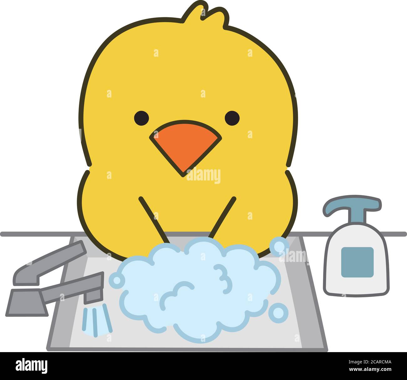 Chick washing his hands using hand sanitizer. Vector illustration isolated on white background. Stock Vector