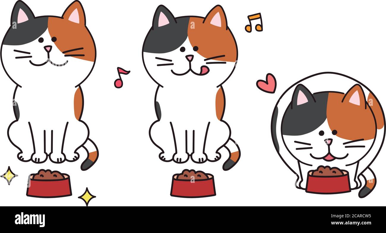 Set of calico cats about to eat food. Vector illustration isolated on