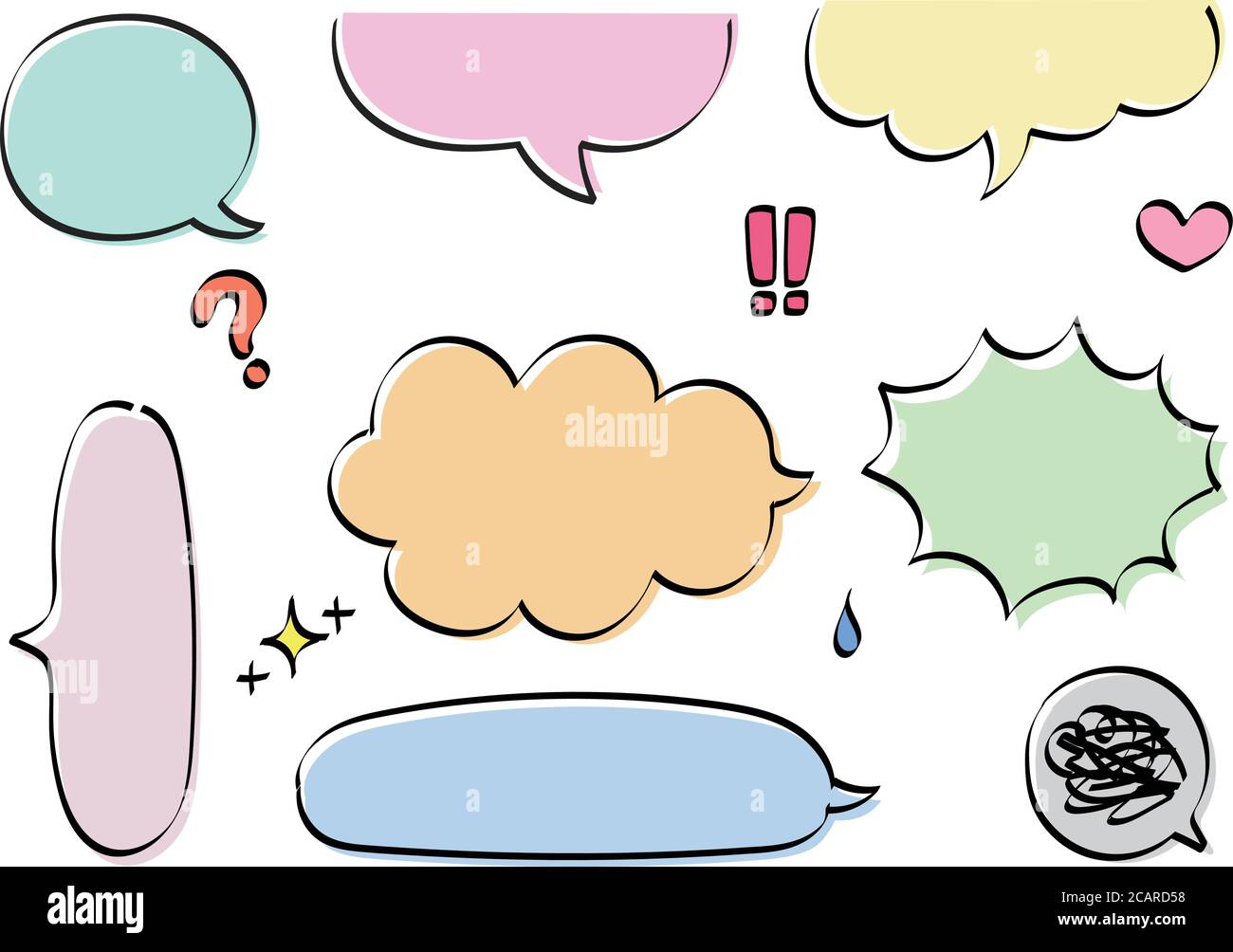 Hand drawn set of colorful speech bubbles. Vector illustration isolated on white background. Stock Vector