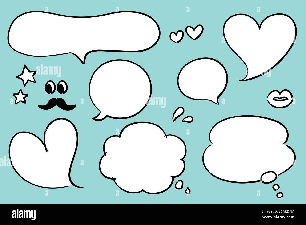 Hand drawn set of speech bubbles. Vector illustration isolated on green background. Stock Vector
