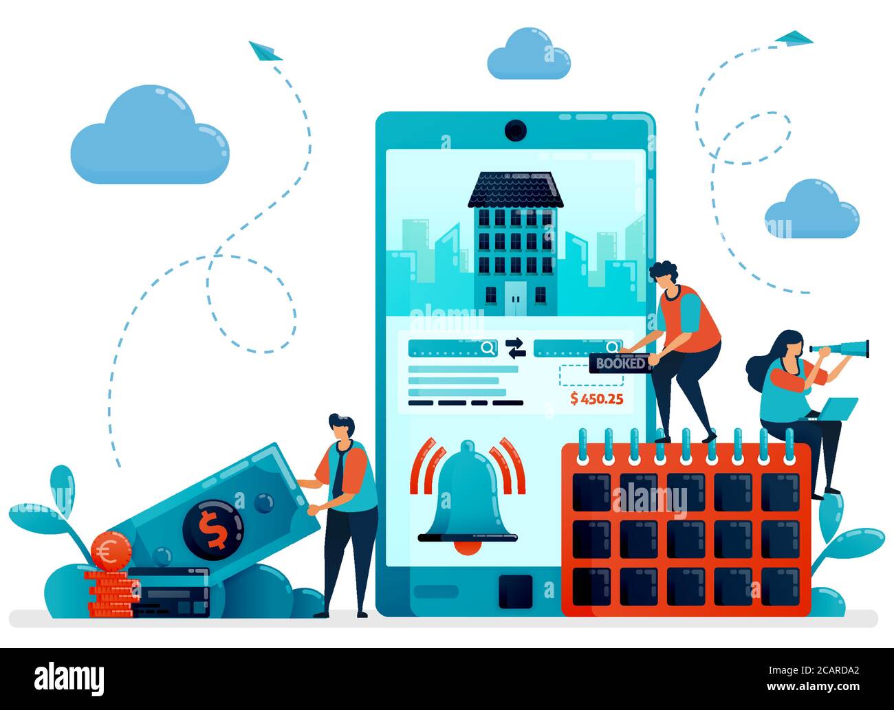 Reservation, booking, order, purchases for hotel room and apartment. Mobile apps services for traveling and trip. Flat character vector illustration f Stock Vector
