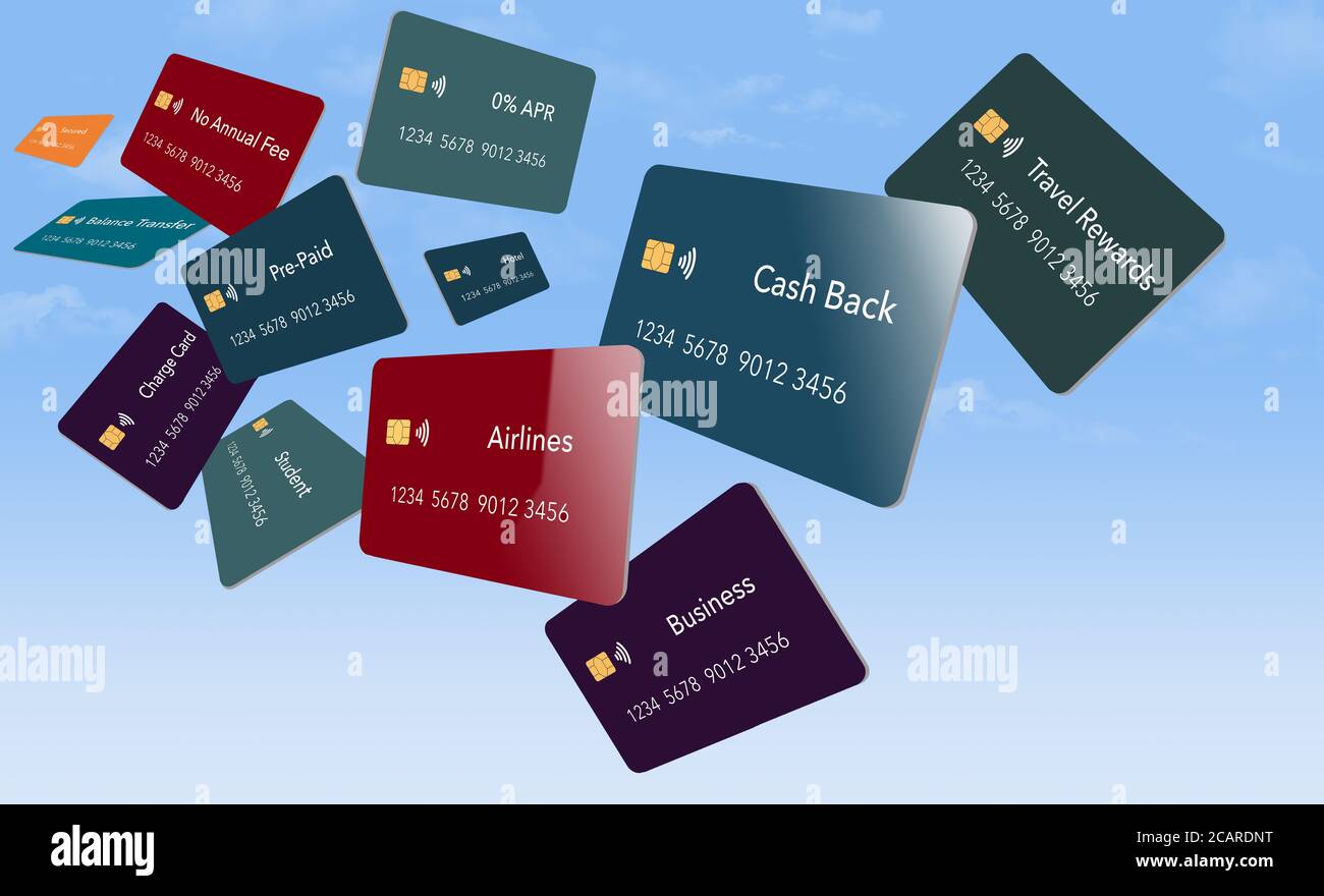 Twelve types of credit cards. All are blue with EMV chip and a tap to