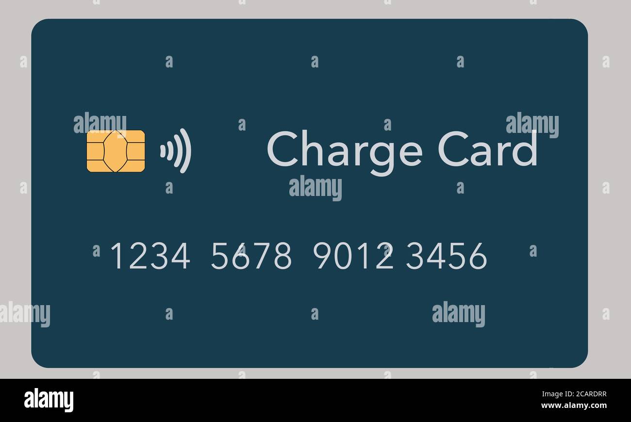 A charge card is seen isolated on a light background. It is a mock or generic card. It is one about a dozen different types of credit cards available. Stock Photo