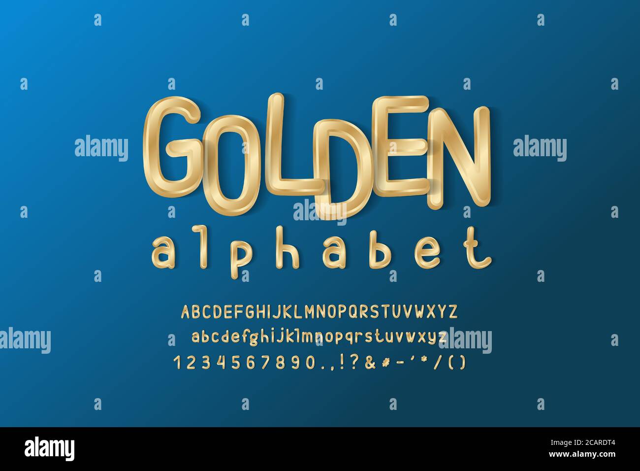 Elegant golden alphabet. Uppercase and lowercase letters, numbers. Thin condensed vector font, gold color gradient. Navy blue gradient background. Stock Vector
