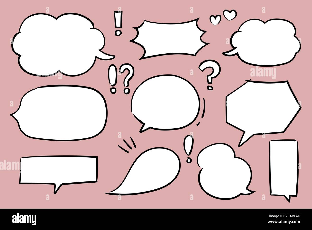 Hand drawn set of speech bubbles. Vector illustration isolated on pink background. Stock Vector