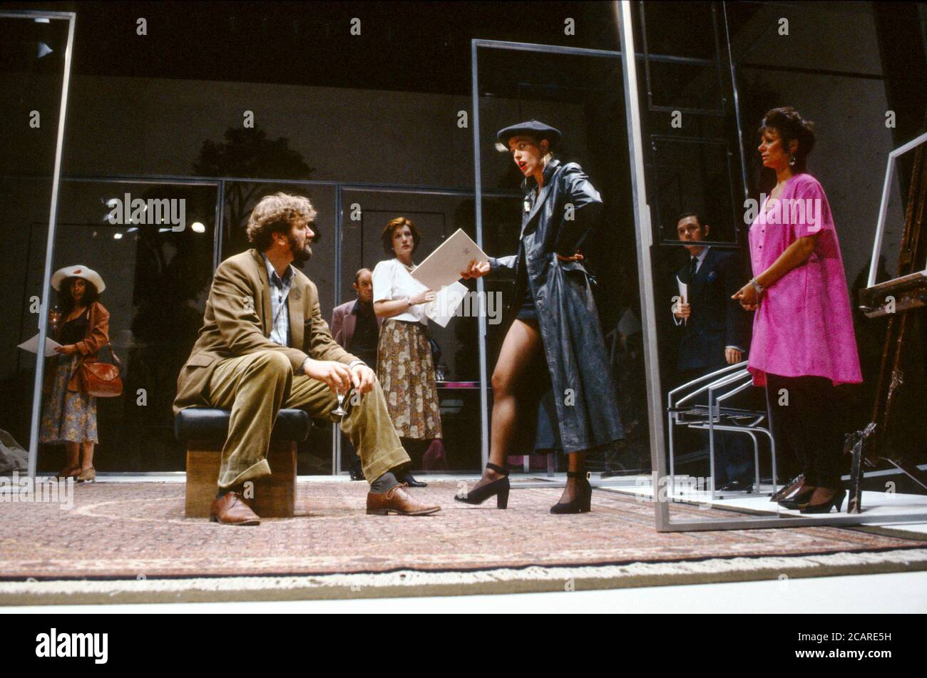 centre, l-r: Clive Russell (Stephen), (rear) Harriet Walker (Biddy), Adie Allen (Jean) in THREE BIRDS ALIGHTING ON A FIELD by Timberlake Wertenbaker at the Royal Court Theatre, London SW1 10/09/1991   design: Sally Jacobs lighting: Rick Fisher director: Max Stafford-Clark Stock Photo
