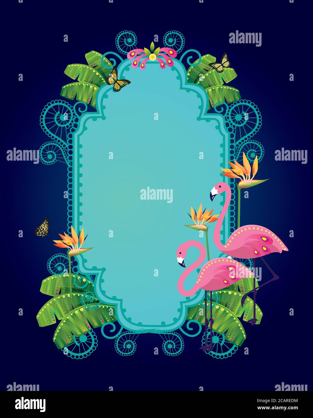 Intrigue frame with flamingo birds and tropical plant drawing, with bird of paradise flower and butterflies flying around. Stock Vector
