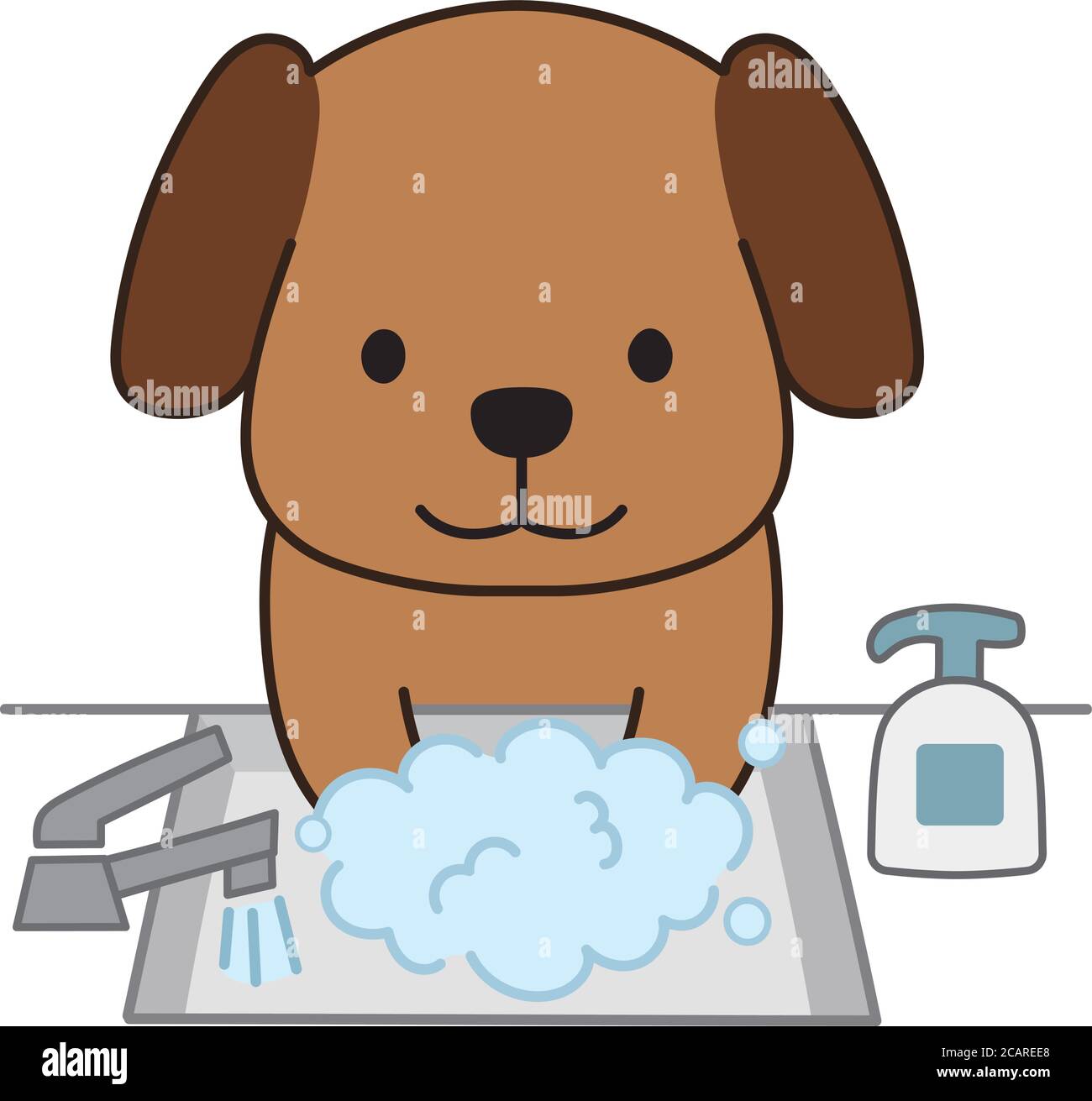 Dog wash his hands using hand sanitizer. Vector illustration isolated