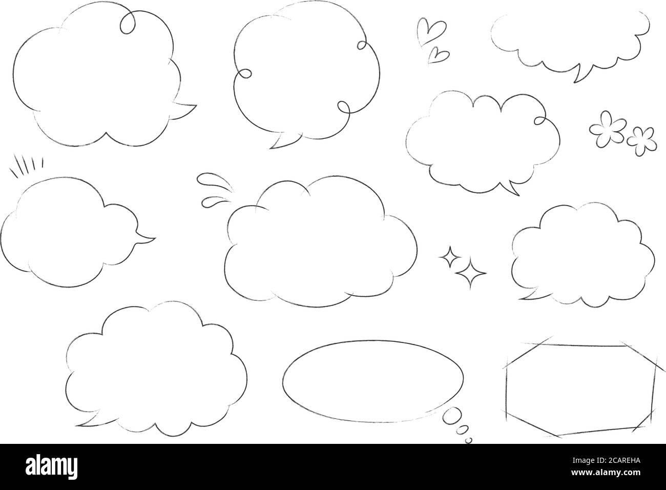 Hand drawn set of speech bubbles. Black and white vector illustration isolated on white background. Stock Vector
