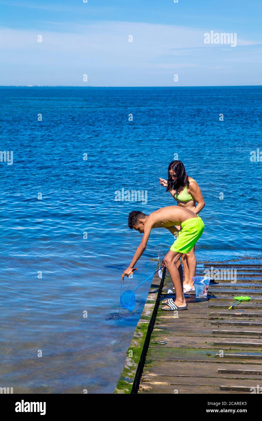 Couple crab fishing in Whitstable, Kent, UK Stock Photo