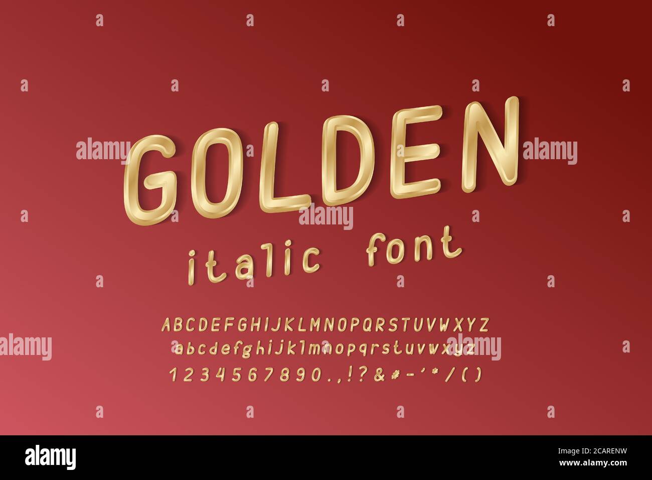 Elegant golden alphabet. Uppercase and lowercase letters, numbers. Thin condensed italic vector font, gold color gradient. Dark red gradient backgroun Stock Vector
