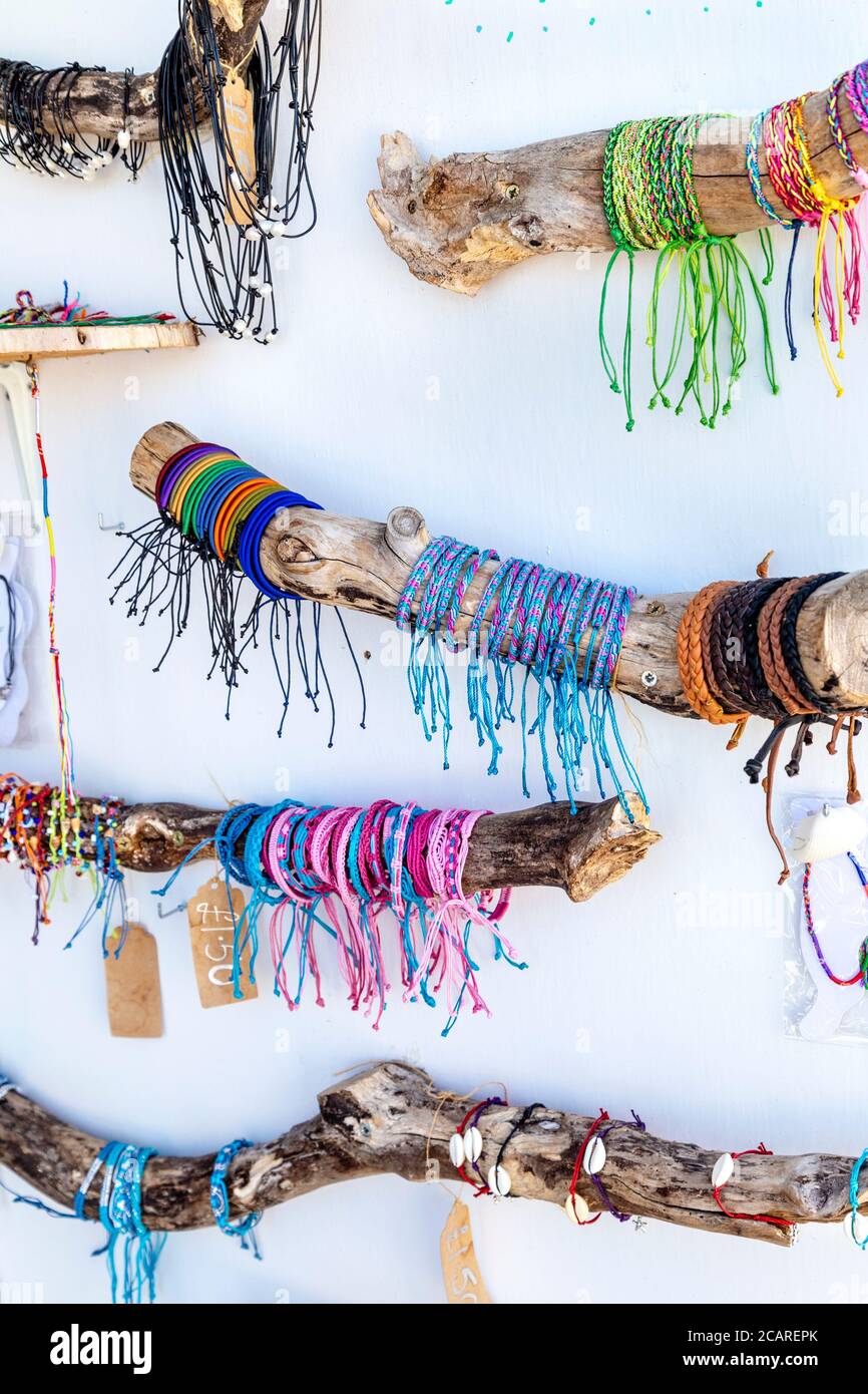 Friendship bracelets at a stall in the Whitstable crafts and artisan Harbour Market, Kent, UK Stock Photo