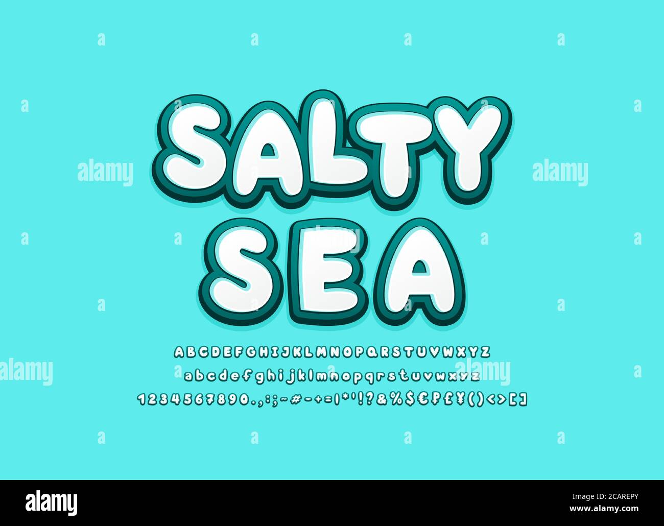 Salty sea alphabet 3d fonts marine turquoise colors. Cool cartoon bold typeface, uppercase and lowercase letters, numbers, symbols. Vector illustratio Stock Vector