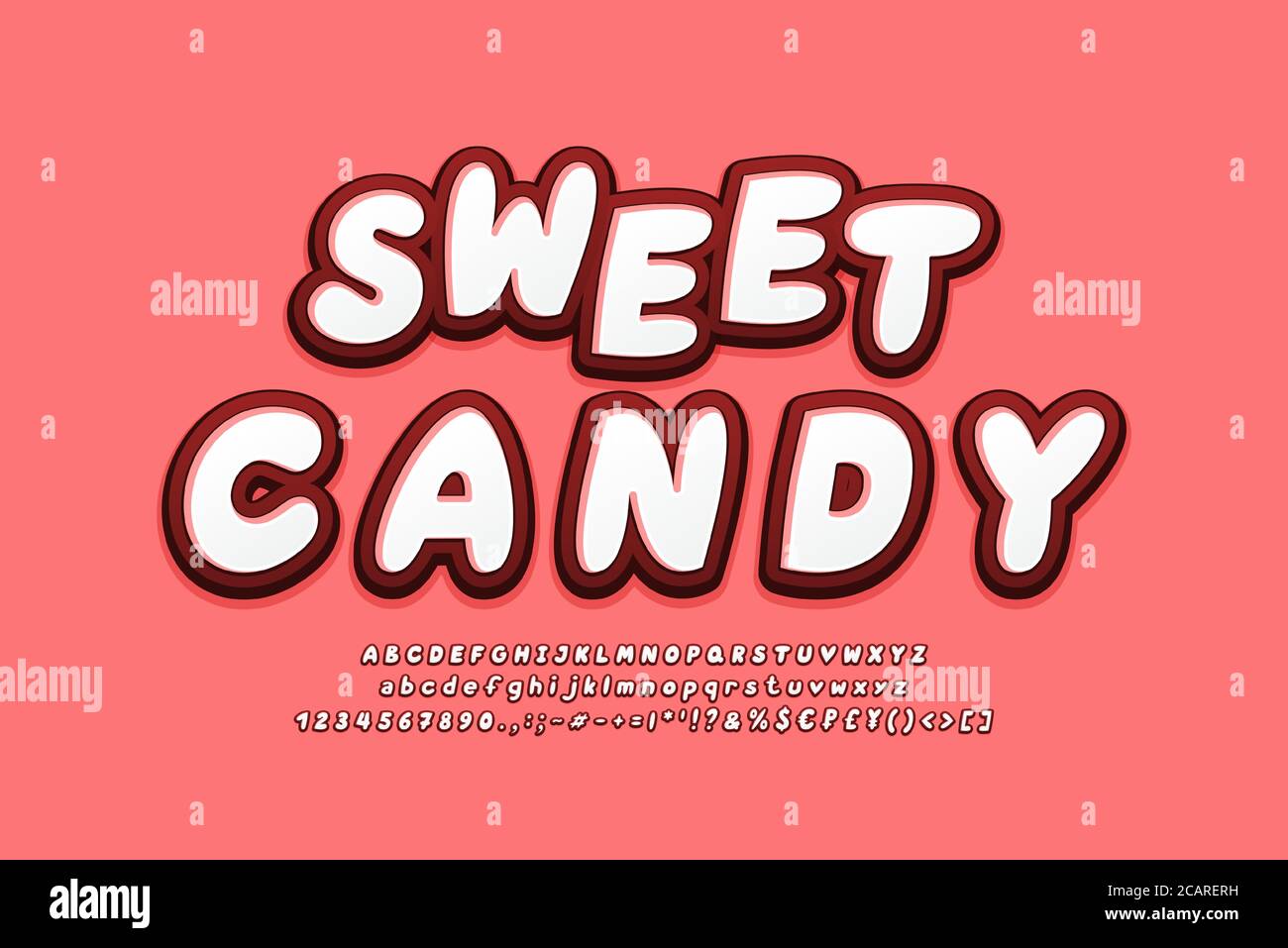 Sweet candy alphabet 3d fonts white red colors. Bold Italic typeface, uppercase and lowercase letters, numbers, symbols. Vector illustration. Stock Vector