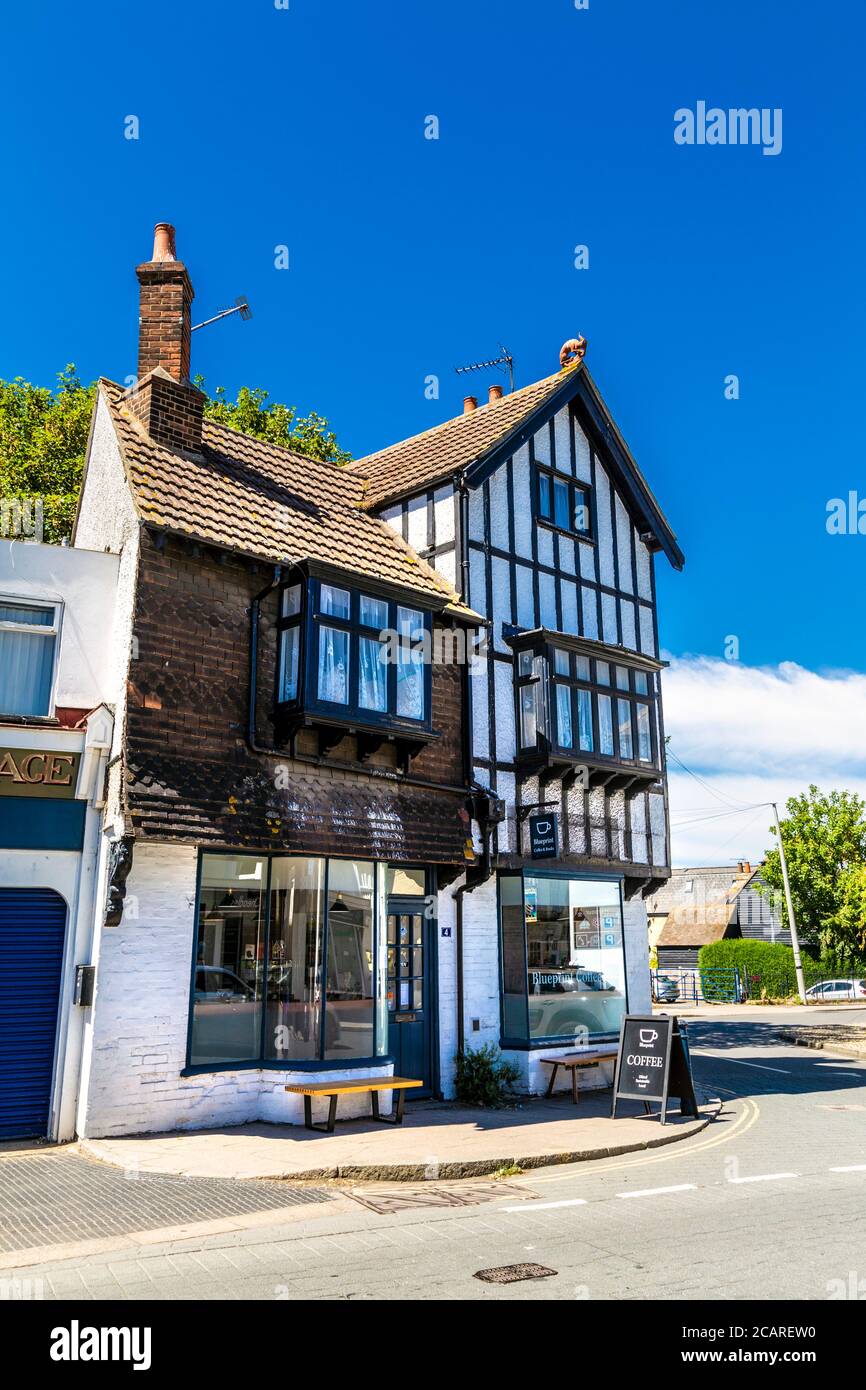 Tudor style exterior of Blueprint Coffee on the High Street in Whitstable, Kent, UK Stock Photo