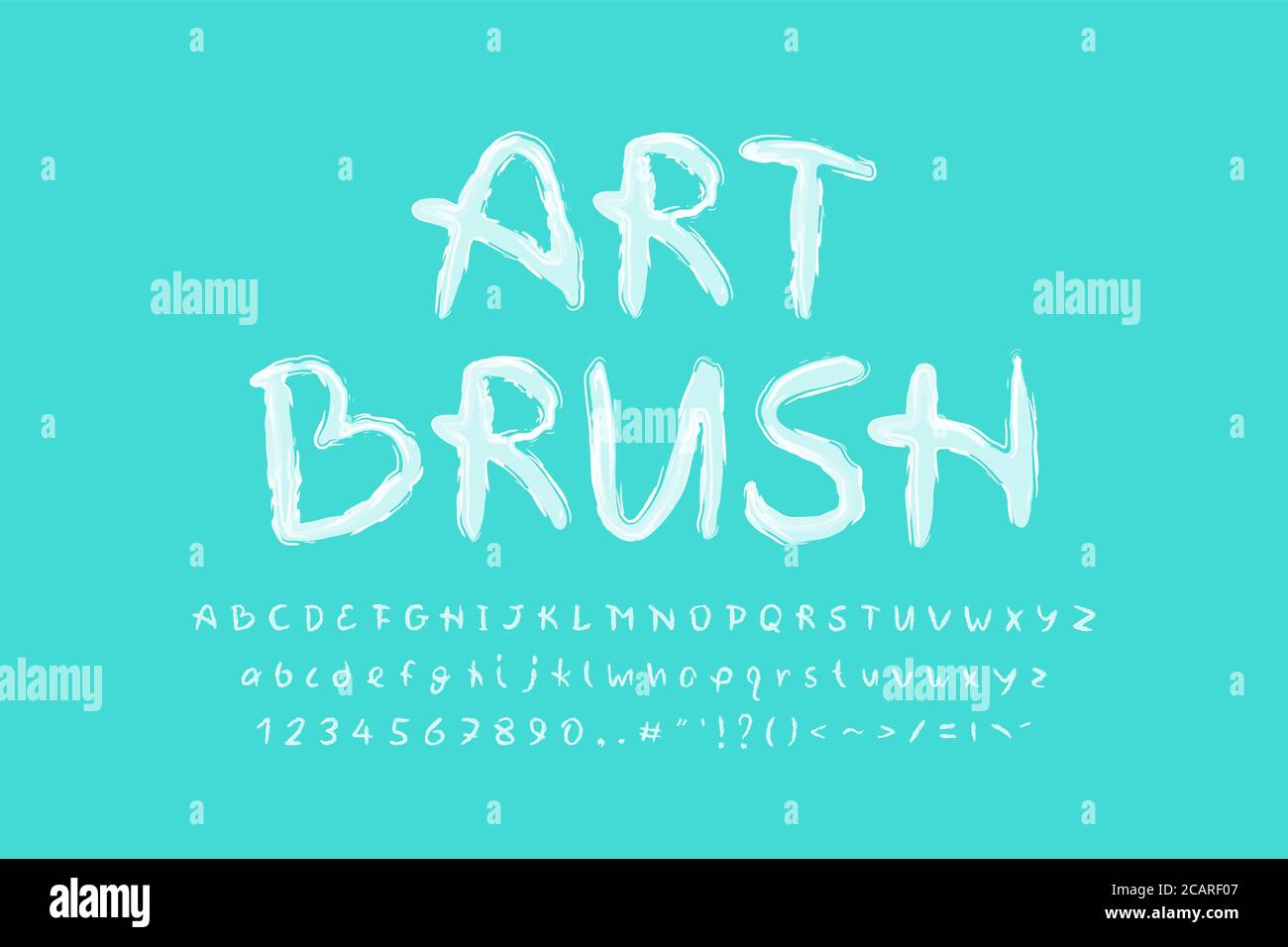 Paint brush alphabet white color on turquoise color background. Uppercase and lowercase letters, numbers and punctuation marks. Vector illustration. Stock Vector