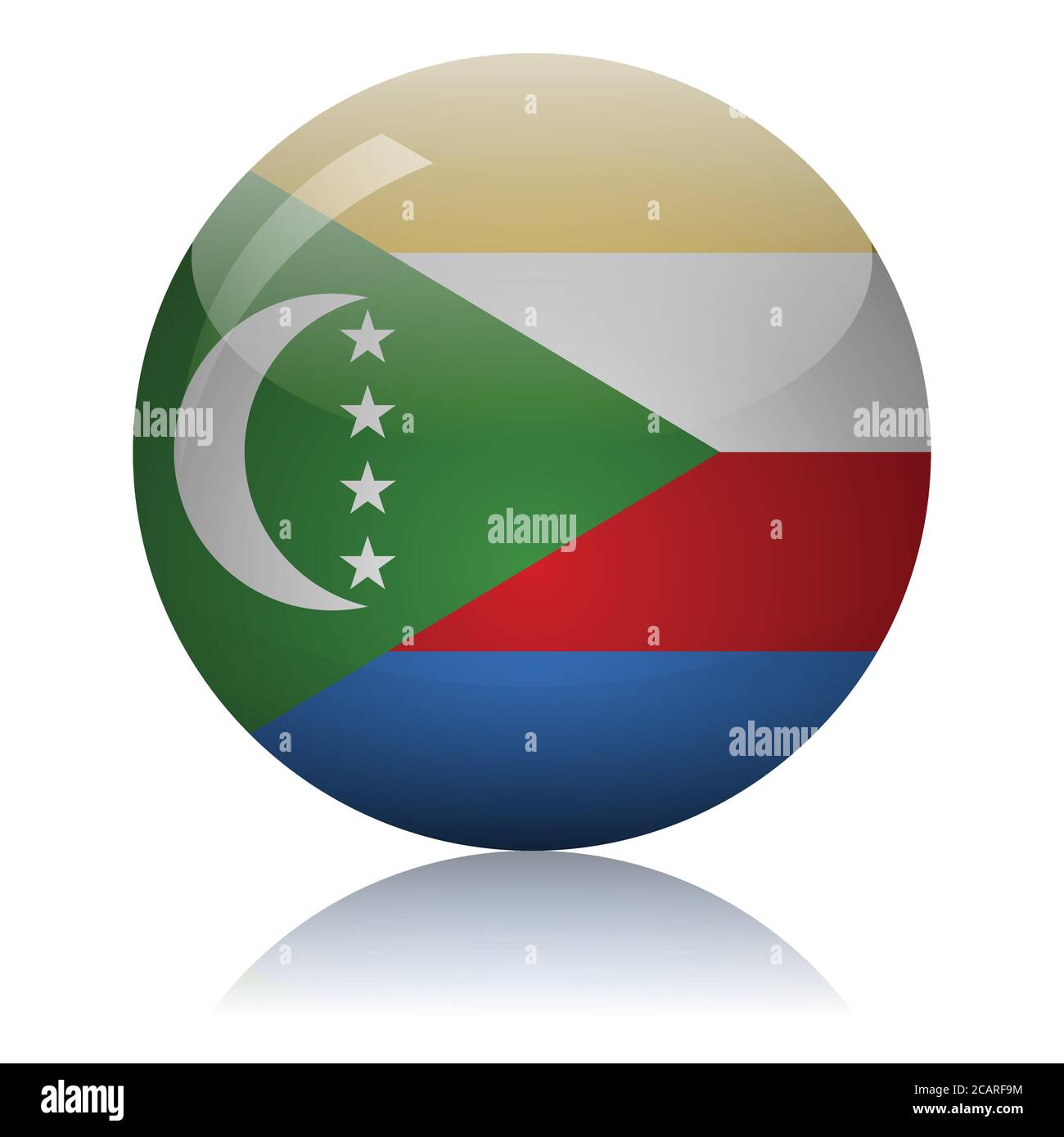 Comoros Flag Glass Ball On Light Mirror Surface Vector Illustration