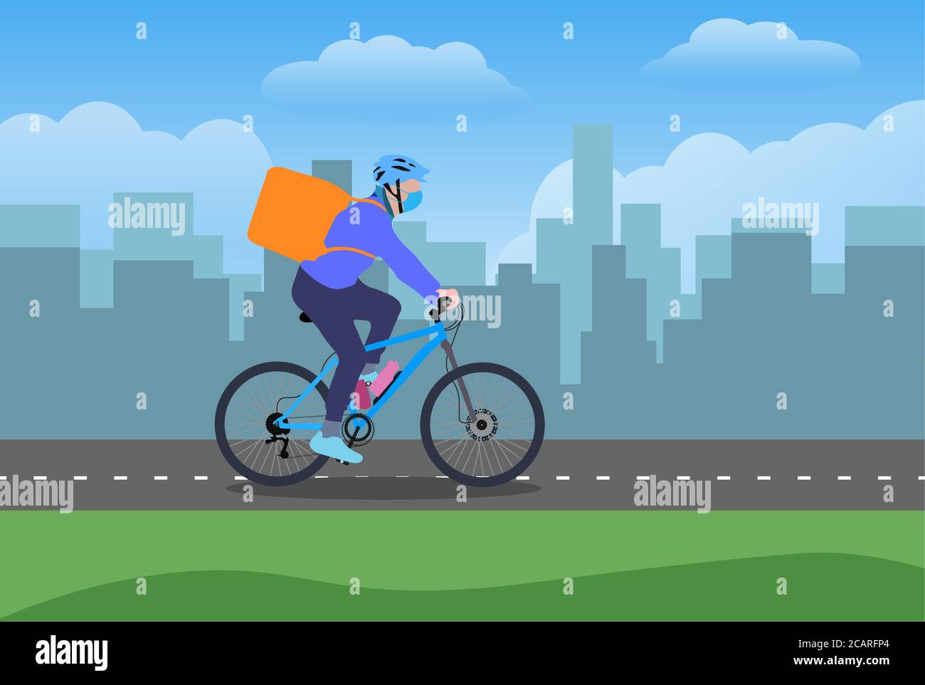 A delivery boy on cycle with backpack simple design on white background. Vector Illustration. Stock Vector