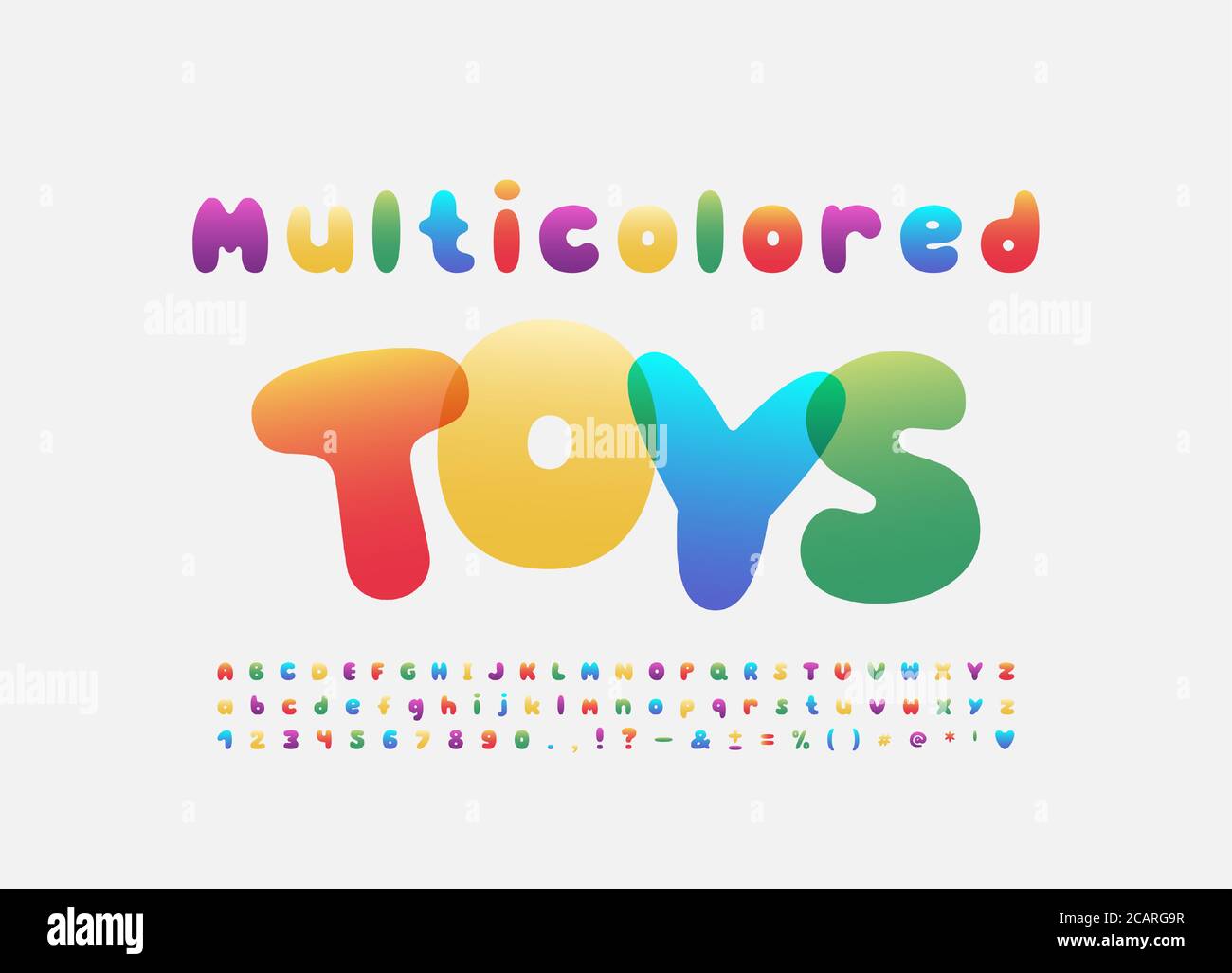 Multicolored toys alphabet rainbow bubble font. Uppercase and lowercase letters, numbers, punctuation marks. Colorful typeface, five bright gradient c Stock Vector