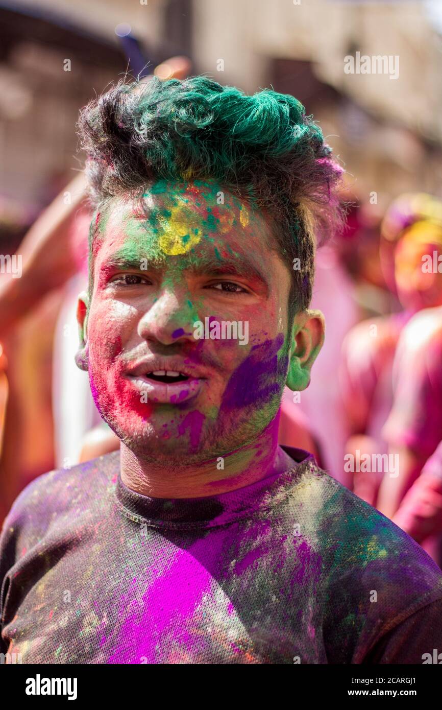 Holi Festival, celebrated in Udaipur, March 2020. Hindus celebrate the beginning of Spring, using colorful powder to to spread among each other Stock Photo
