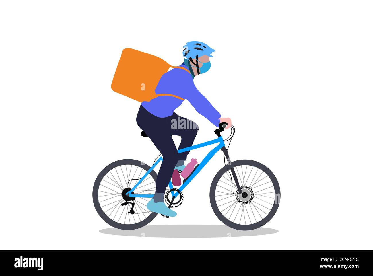A delivery boy on cycle with backpack simple design on white background. Vector Illustration. Stock Vector