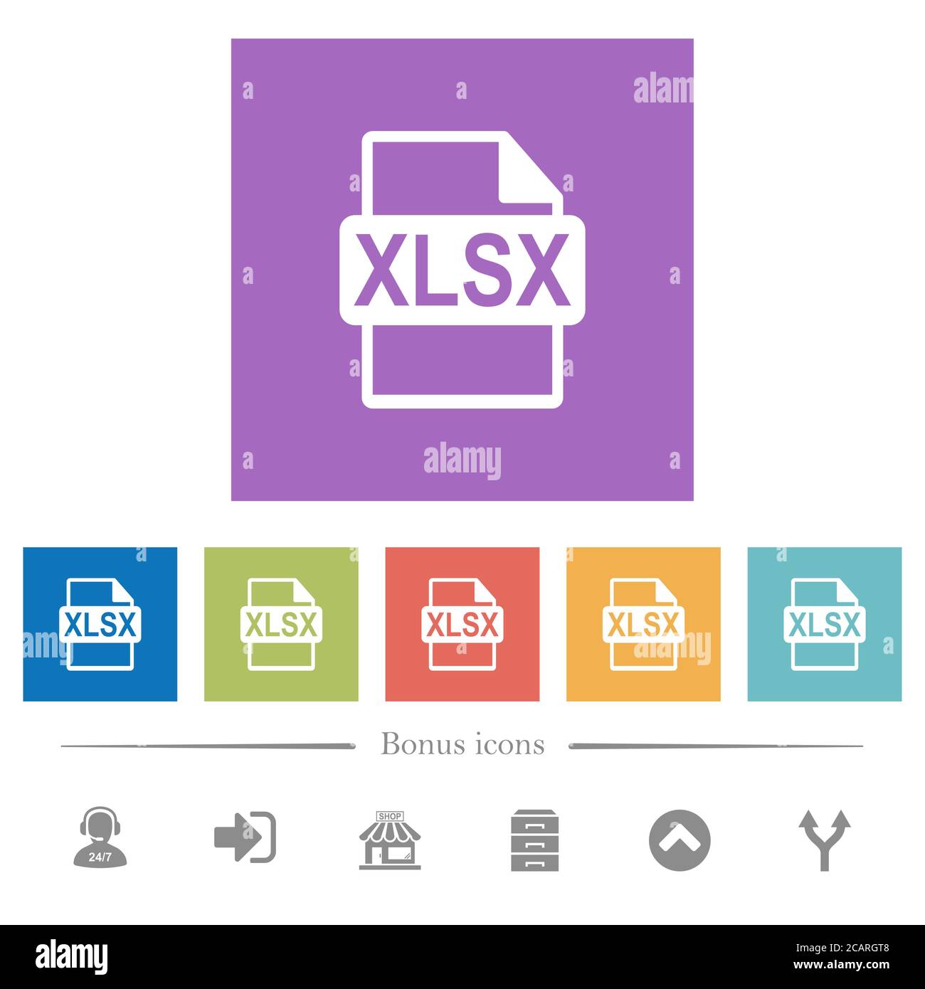 XLSX file format flat white icons in square backgrounds. 6 bonus icons ...