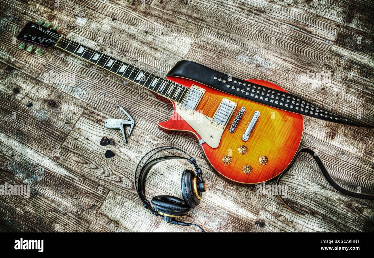 guitar and headphones in hdr tone mapping effect Stock Photo Alamy