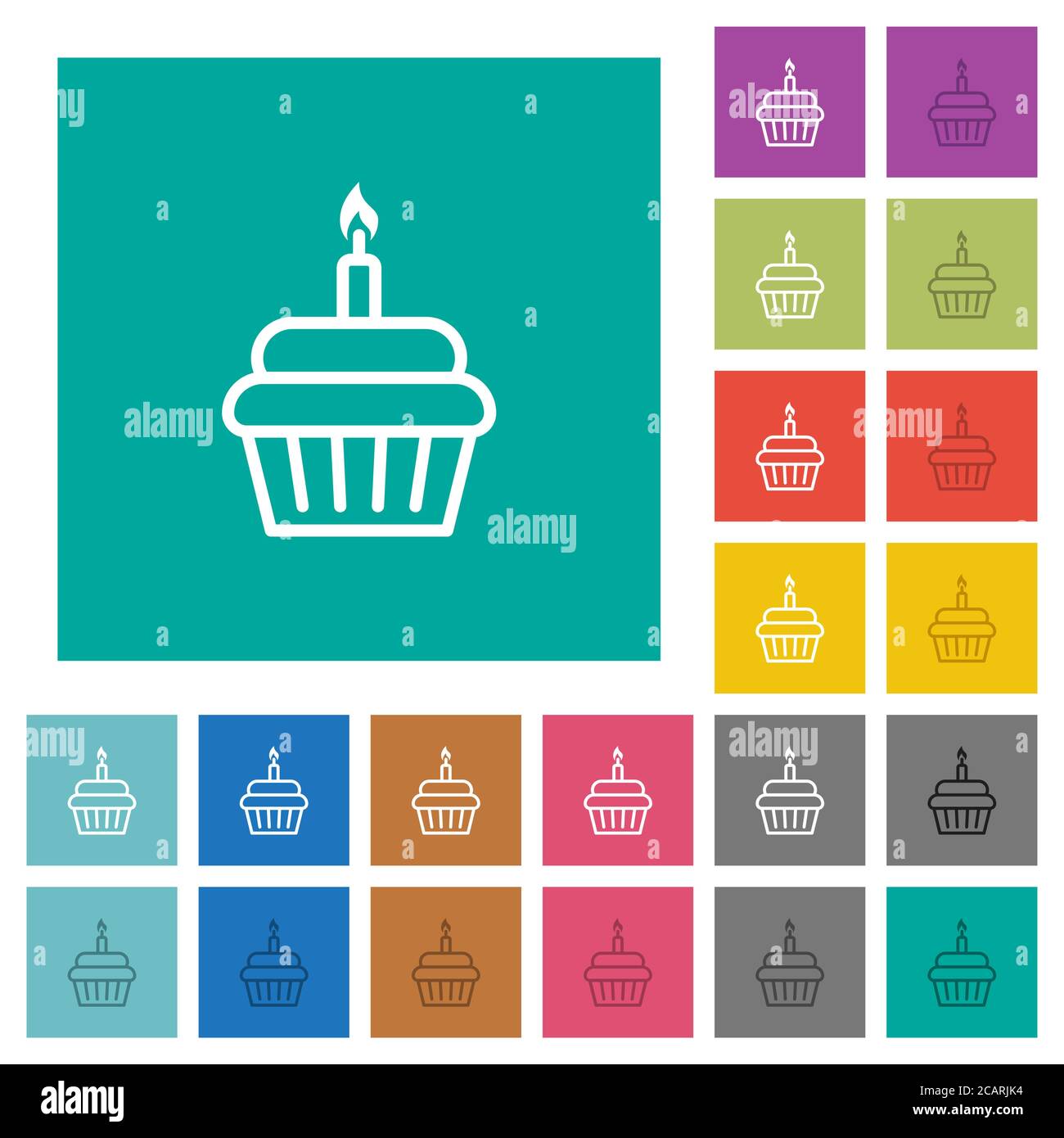 Birthday cupcake multi colored flat icons on plain square backgrounds. Included white and darker icon variations for hover or active effects. Stock Vector