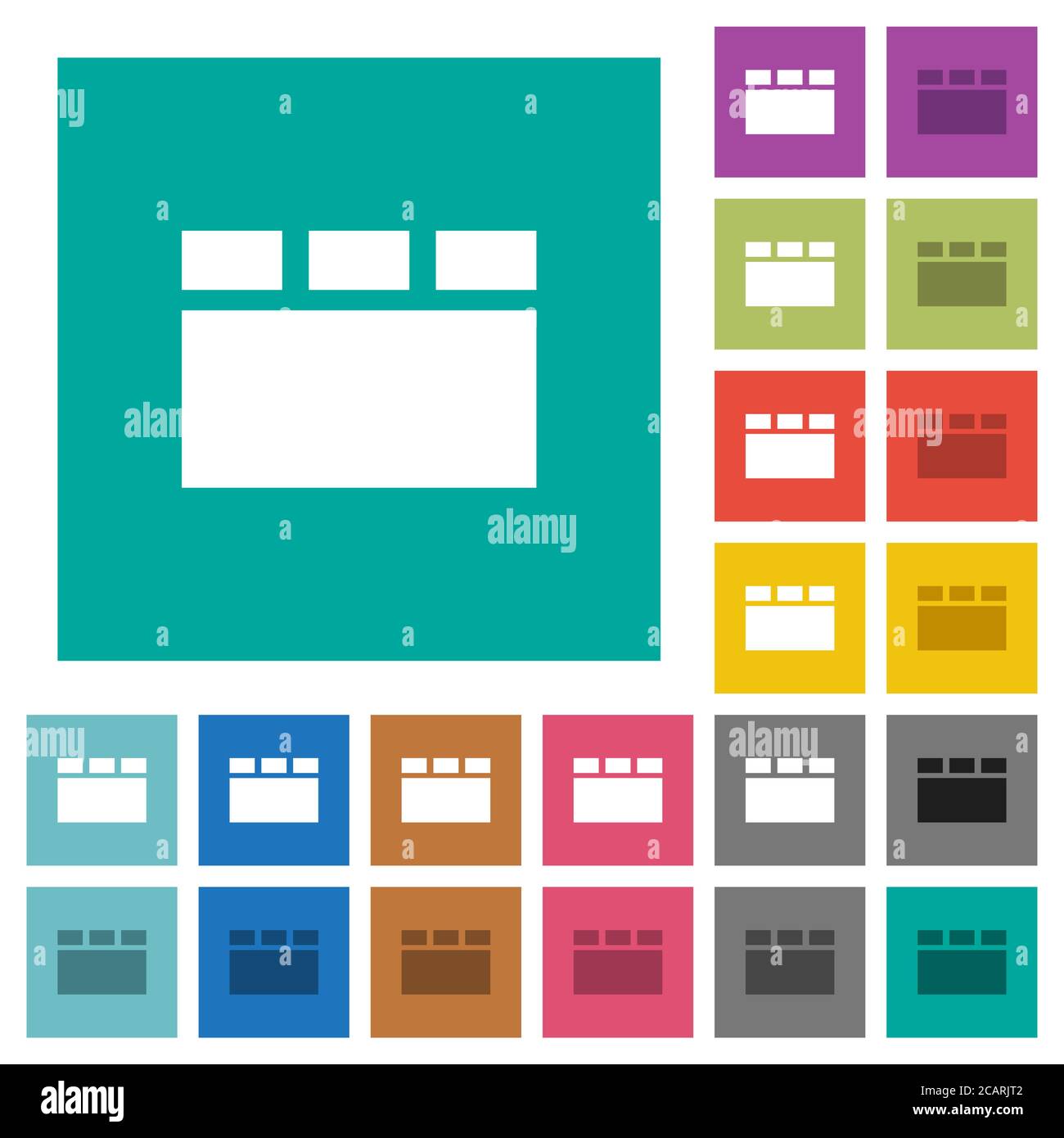 Horizontal tabbed layout multi colored flat icons on plain square backgrounds. Included white and darker icon variations for hover or active effects. Stock Vector