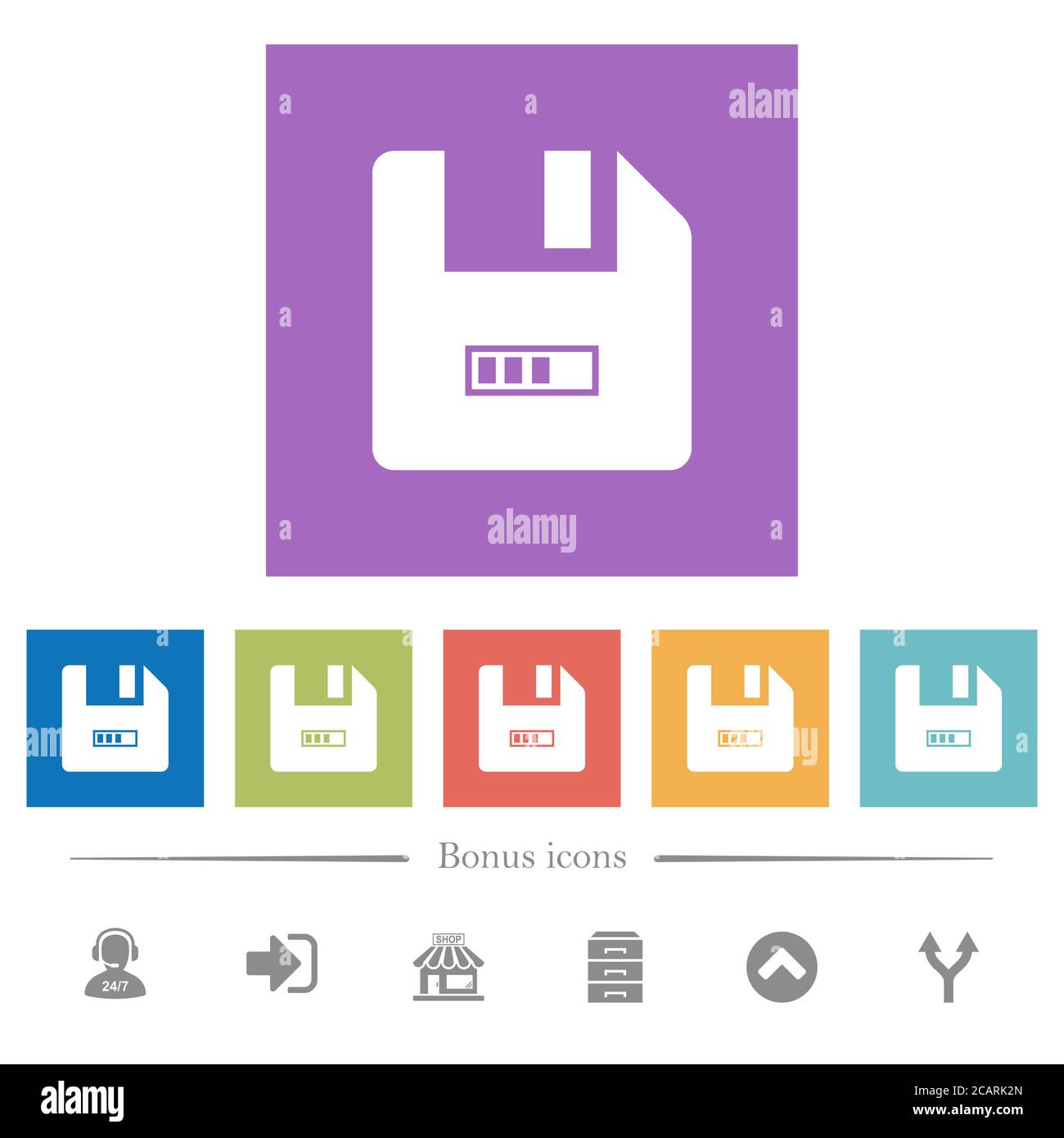 File progressing flat white icons in square backgrounds. 6 bonus icons ...