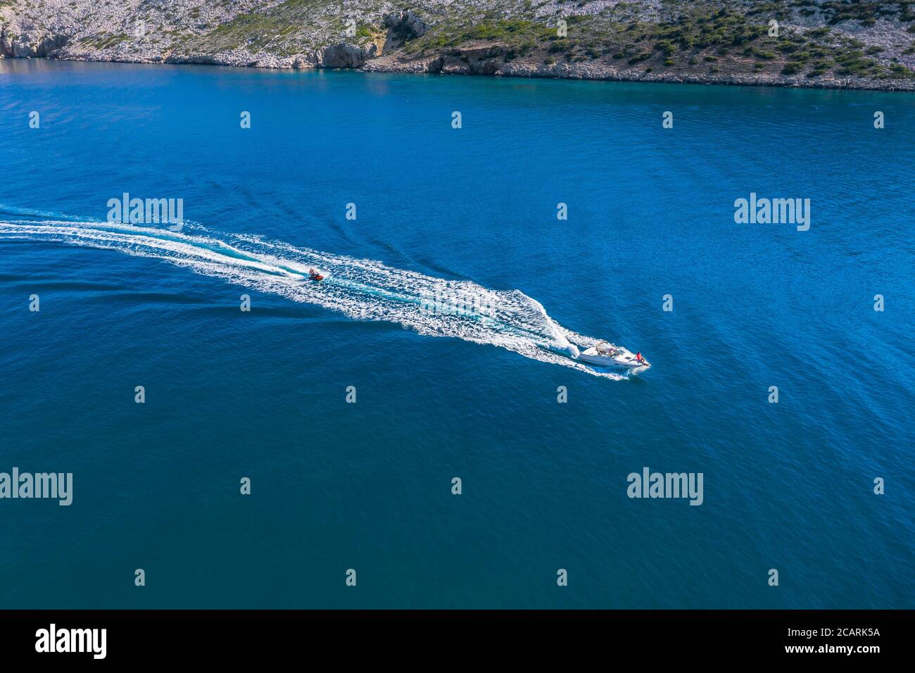 Speed boat aerial Stock Photo