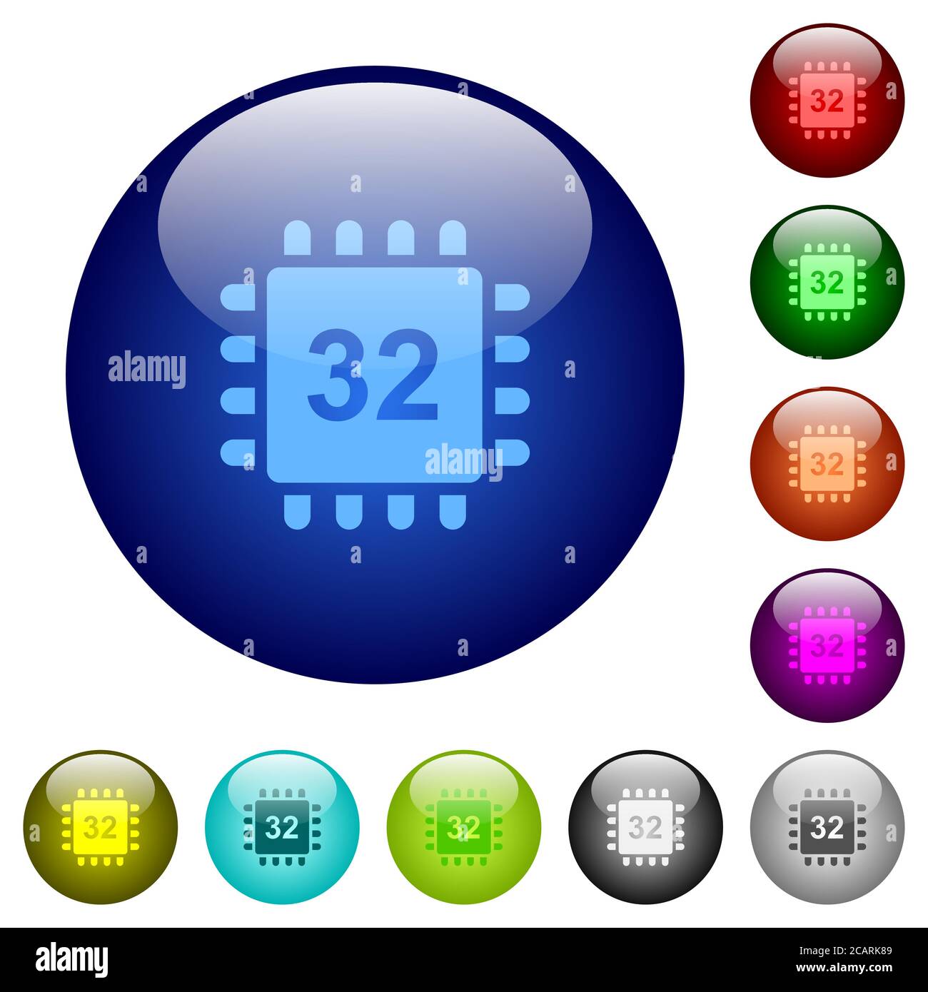 Microprocessor 32 bit architecture icons on round color glass buttons Stock Vector