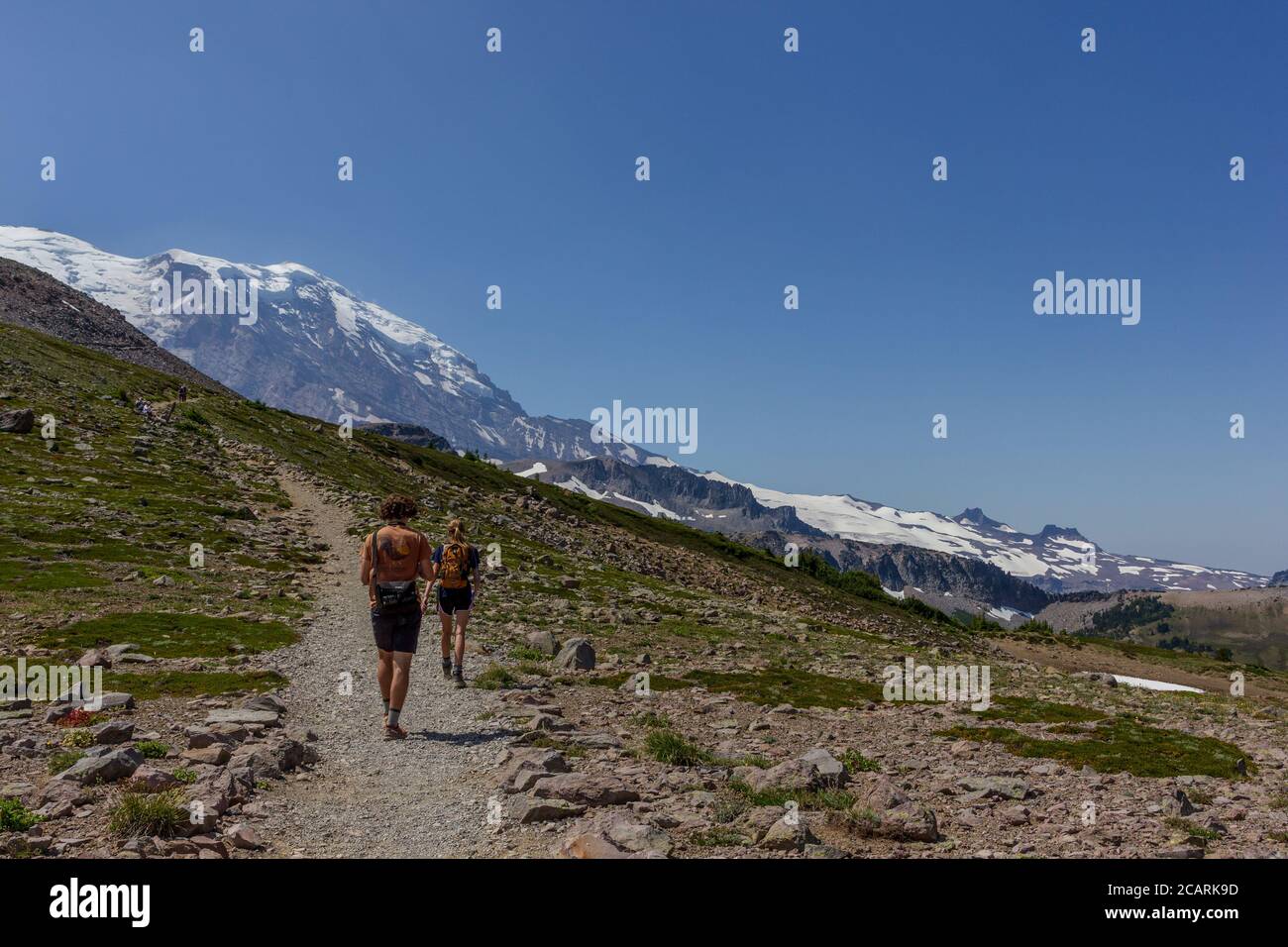Girl and boy hiking together on the Burroughs Mountain Trail at Sunrise Park in Mt Rainier National Park in Washington State. Stock Photo