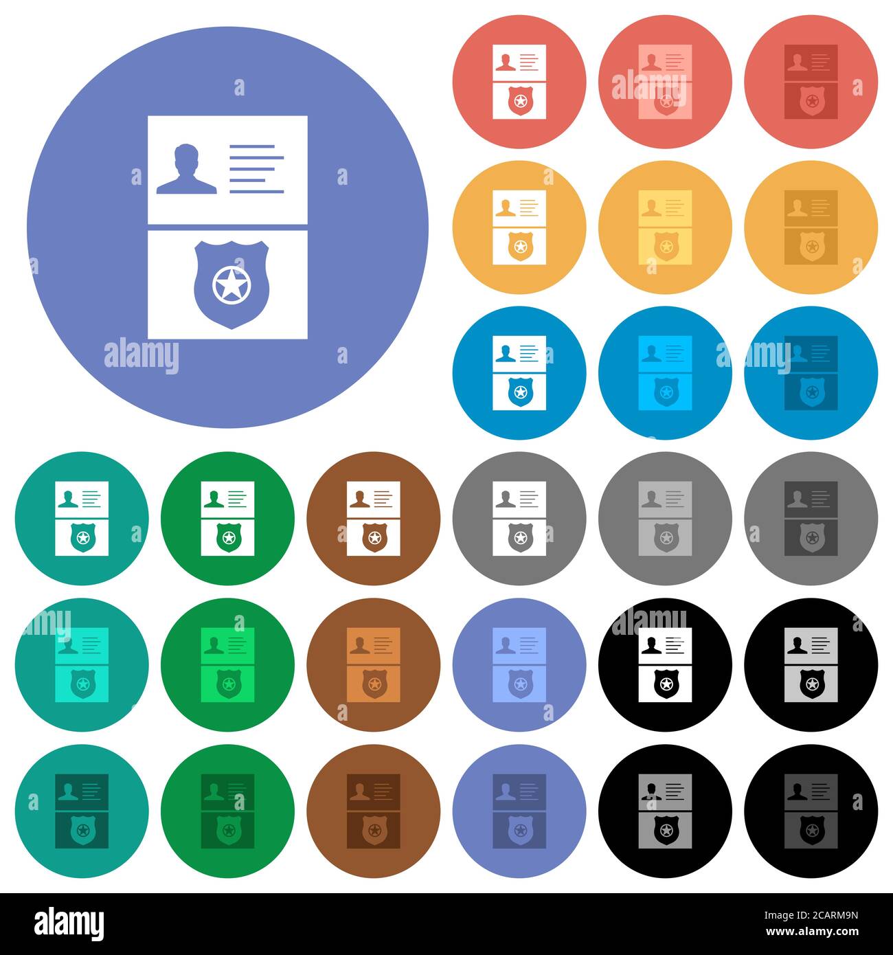 Police id and badge multi colored flat icons on round backgrounds ...