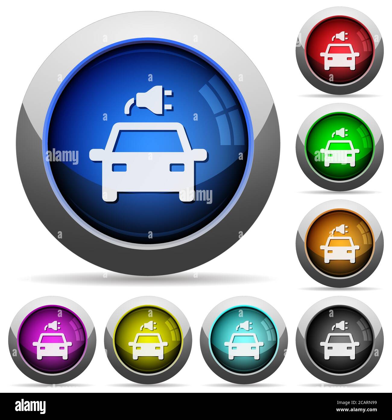 Electric car with connector icons in round glossy buttons with steel ...