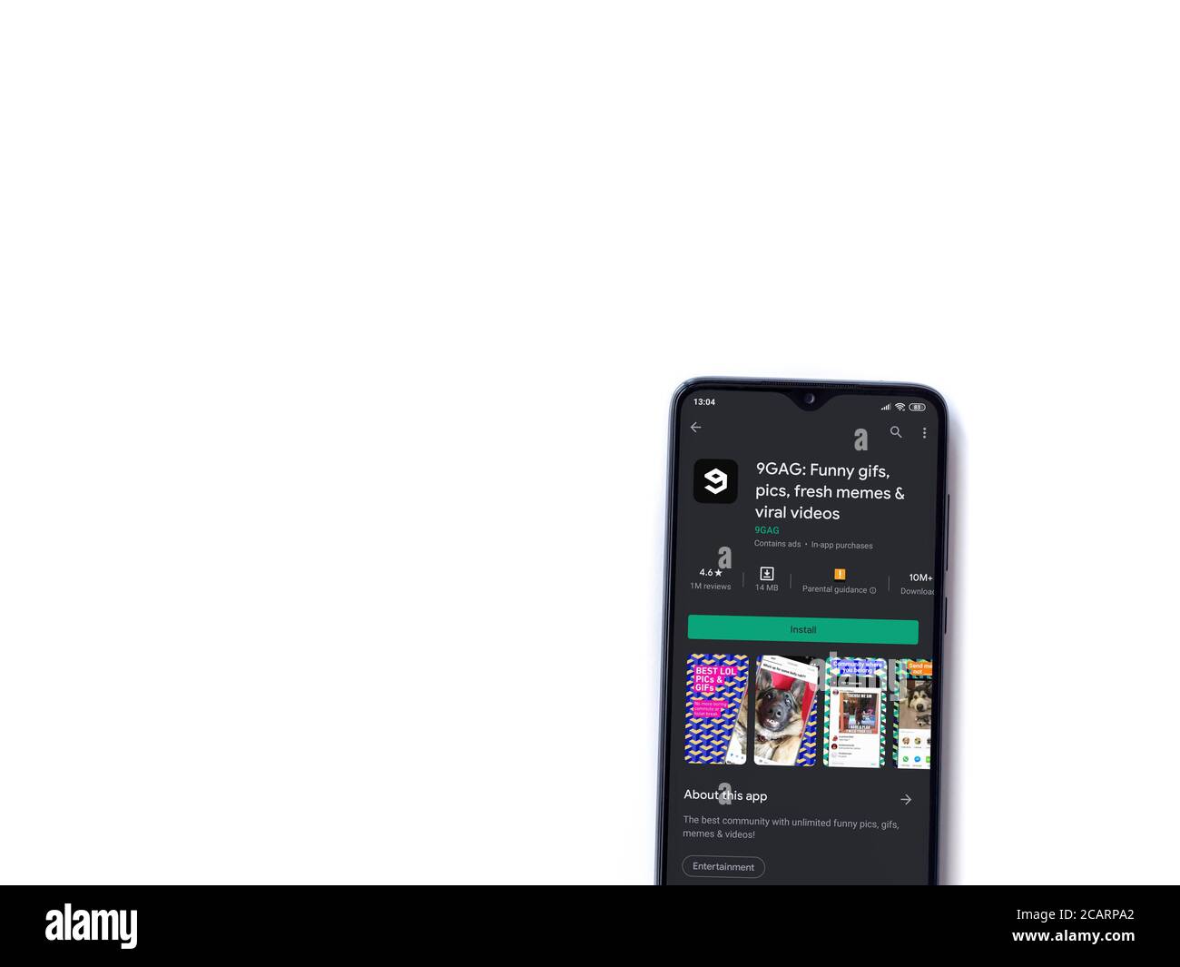 Lod, Israel - July 8, 2020: 9GAG app play store page display a black mobile smartphone on white background. Top view flat lay with Stock Photo - Alamy