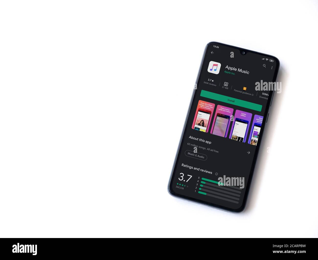 Lod Israel July 8 2020 Apple Music App Play Store Page On The Display Of A Black Mobile Smartphone Isolated On White Background Top View Flat La Stock Photo Alamy
