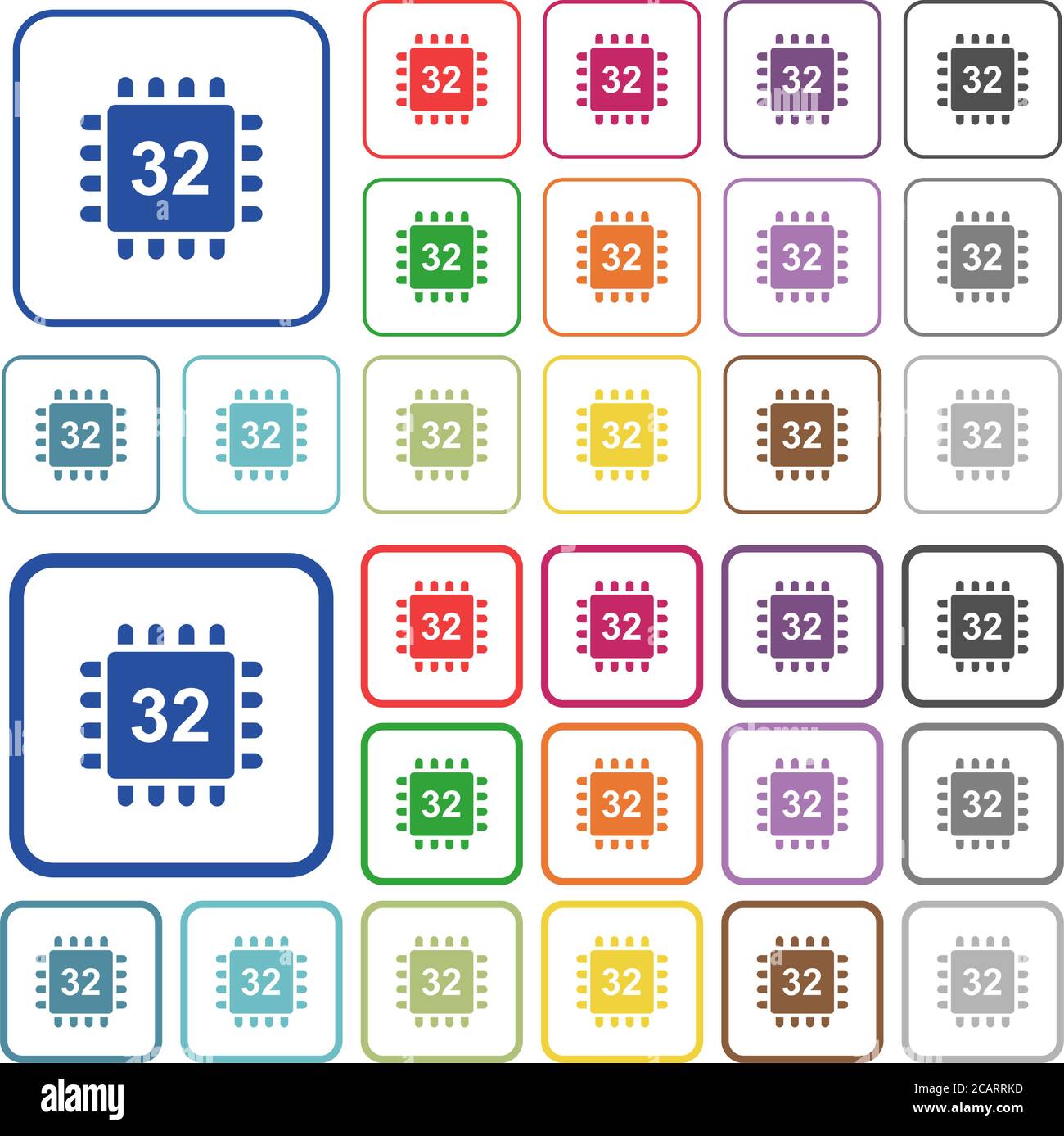 Microprocessor 32 bit architecture color flat icons in rounded square frames. Thin and thick versions included. Stock Vector